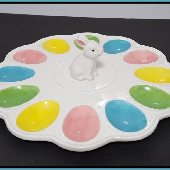 NEW RARE Finch + Robin Bunny Easter Deviled Egg Plate 11.75'' Ceramic NIB - Picture 5 of 7